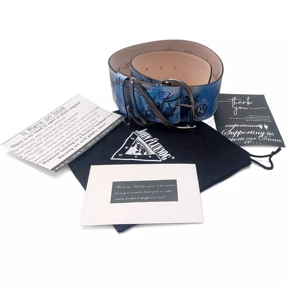 John Fluevog Gawain Wide Waist Belt Blue Graffiti Leather Size 28 (0181) - Picture 2 of 7